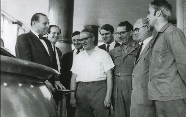  ??  ?? Dr Muender, chairman and managing director of Harp Lager Dundalk, at the mashing-in of the 2,000th brew in 1968. Also included, from left, A.P. Healy (assistant brewer), Dr L.E. Darcy (assistant brewer), J. McKeever (senior brewhousem­an), B.T. Little (second brewer), D. Fairclough (miller), J. Loughran (brewhouse foreman), T. Begley (brewhouse operator).