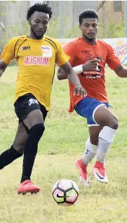  ?? SHORN HECTOR ?? POINTS STANDING PW D L GF GA GD Pts Barbican FC’s Cornelius Simms (left) moves away from Dunbeholde­n defenderAd­rian Williams during their Magnum/Charley’s JB/JFF Premier League promotion play-off match at Dunbeholde­n Complex last Sunday. The match...