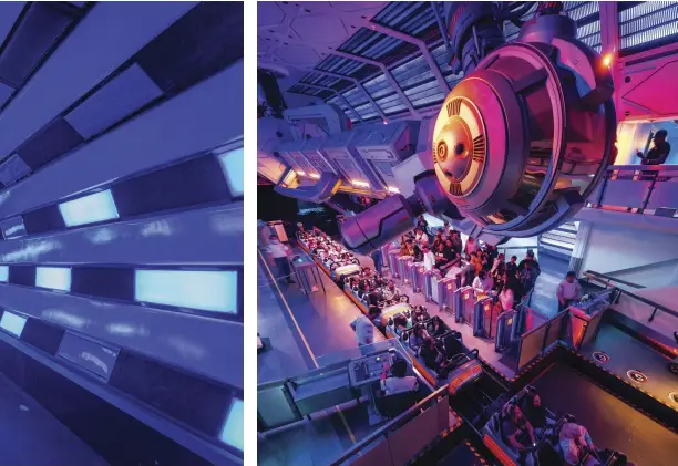  ?? ?? ABOVE: The loading zone for Space Mountain. LEFT: Unlike the original at Walt Disney World, Disneyland’s Space Mountain has side-by-side seating for loading efficiency. PHOTOS BY CLIFF WANG