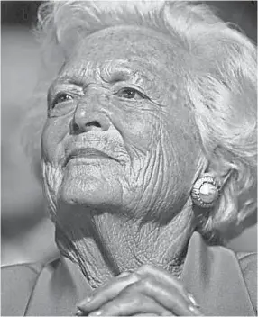  ??  ?? Former first lady Barbara Bush attends day two of the Republican National Convention at the Xcel Energy Center on Sept. 2, 2008, in St. Paul, Minn. Bush died Tuesday at her Houstan, Texas, home at the age of 92. SCOTT OLSON / GETTY IMAGES