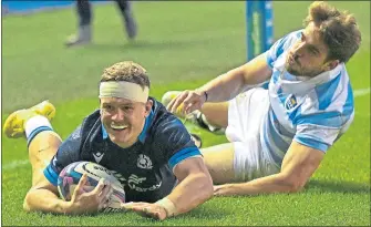  ?? ?? Darcy Graham goes over for one of his hat-trick of tries yesterday