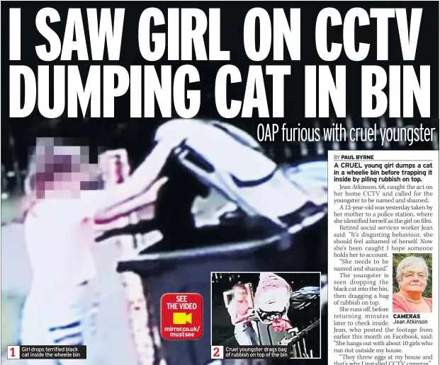  ??  ?? Girl drops terrified black cat inside the wheelie bin Cruel youngster drags bag of rubbish on top of the bin