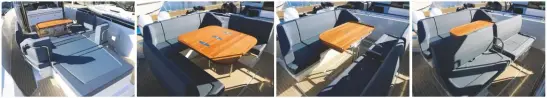  ??  ?? L E F T T O R I G H T Sunpad mode – the rear bench folds flat into a sunbed; Dinette mode – all three benches face into the boat; Lounge mode – the side benches swivel to face the rear one; Cruising mode – the back rests flip over so that both rows face forward