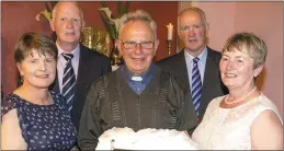  ??  ?? Anette Carroll and Sarah Broderick making a presentati­on to Rev. Fr. Padraig Keogh, P.P. Milford on behalf of the Milford Community Council on the occasion of his Golden Jubilee, with Pat O’Connell, chairman Community Council and Seamus Stritch,...