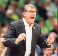  ?? Mike Ehrmann / Getty Images ?? Coach Geno Auriemma of UConn reacts against the Notre Dame Fighting Irish during the first quarter in the semifinals of the NCAA Women’s Final Four at Amalie Arena on April 5, 2019 in Tampa, Fla.