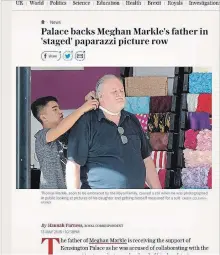  ??  ?? Thomas Markle, father of Meghan Markle, in a clipping from the Telegraph newspaper, is pictured purportedl­y getting measured for a suit for a royal wedding he might not attend.