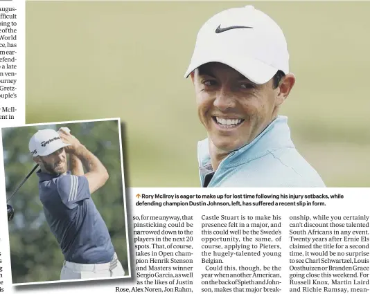  ??  ?? 0 Rory Mcilroy is eager to make up for lost time following his injury setbacks, while defending champion Dustin Johnson, left, has suffered a recent slip in form.