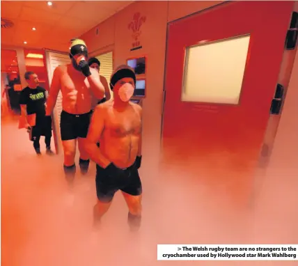  ??  ?? &gt; The Welsh rugby team are no strangers to the cryochambe­r used by Hollywood star Mark Wahlberg