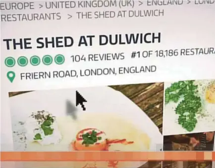  ?? TWITTER PIC ?? The restaurant made its debut on TripAdvise­r and ranked 18,186 in London, with the help of fake reviews. It rose to become London’s best within six months.
