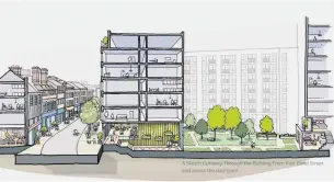  ?? HAMMERSON ?? CITY LIFE: Sketch cutaway through the building from East Bond Street and across the courtyard and, below, a view looking up from St Peter’s Lane towards Highcross