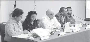  ??  ?? The panel representi­ng GWI at yesterday’s PUC hearing. From left: Jaijopaul Ram, Executive Director of Finance; Tiffany David, attorney; Dr Richard Van West-Charles, Managing Director; Marlon Daniels, Executive Director of Customer Service and...