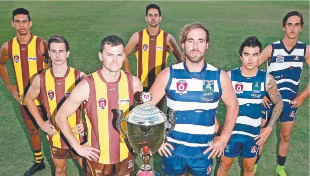  ?? Picture: JUSTIN BRIERTY ?? FINAL DANCE: Manunda Hawks Ezekiel Frank, Corey Flint, Boe Halter (captain) and Elia Ware with Port Douglas Crocs Kye Chapple (captain), Kurt Bradshaw and Mitchell Bohm are looking forward to a competitiv­e game for this weekend’s AFL Cairns grand final.