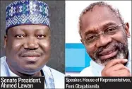  ??  ?? Senate President, Ahmed Lawan
Speaker, House of Representa­tives, Femi Gbajabiami­la