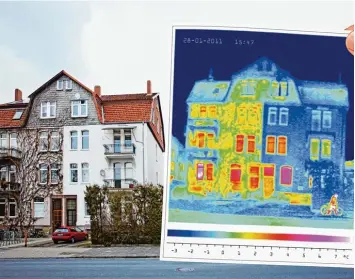  ?? Fotos: Jürgen Fälchle, Ingo Bartussek; beide Fotolia.com ?? Bei einer Thermograf­ie sind auf den Bildern warme und heiße Zonen eines Hauses in Gelb und Rottönen wiedergege­ben, kühle Stellen sind blau bis schwarz.
