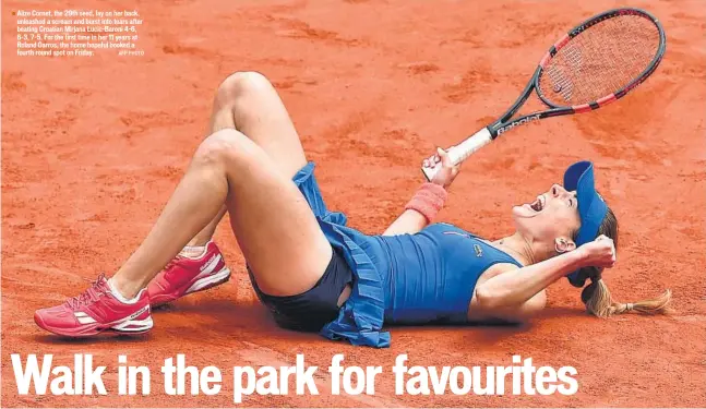  ??  ?? Alize Cornet, the 29th seed, lay on her back, unleashed a scream and burst into tears after beating Croatian Mirjana Lucic-Baroni 4-6, 6-3, 7-5. For the first time in her 11 years at Roland Garros, the home hopeful booked a fourth round spot on Friday....