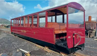  ?? RER ?? The Ravenglass & Eskdale Railway’s new first-class carriage, Ruth, in the Boston Lodge sidings.