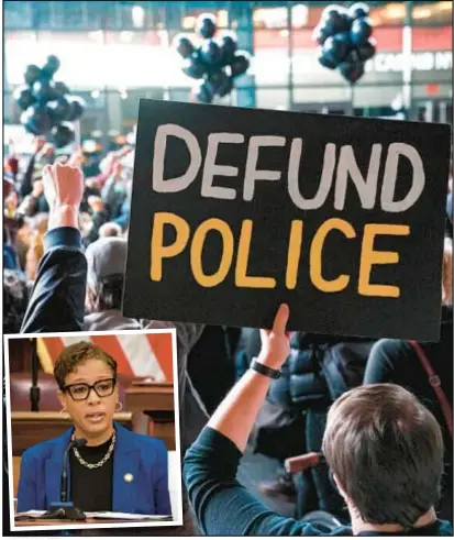  ?? ?? Council Speaker Adrienne Adams (inset), who didn’t sign the Progressiv­e Caucus’ pledge to downsize the NYPD, nonetheles­s said in a radio interview Tuesday that as far as the idea goes, “I would agree with that one. Yep.”