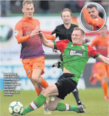  ??  ?? Tough time: Mark Sykes is challenged by Glentoran’s Steven Gordon and (inset) Andy Hall celebrates his leveller