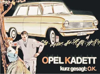  ?? FOTO: DPA ?? Der Opel Kadett stand für den sozialen Aufstieg im Nachkriegs­deutschlan­d. Der Kadett wurde ab 1962 im Werk Bochum hergestell­t. Wer mehr verdiente, leistete sich den Kapitän oder den Commodore von Opel.