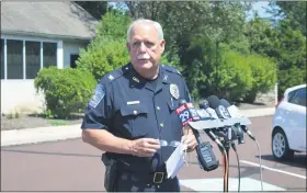  ?? RACHEL RAVINA - MEDIANEWS GROUP ?? Towamencin Township Police Chief Tim Dickinson addresses reporters during a press conference Wednesday afternoon at the township building following the identifica­tion of the body of a 5-year-old girl at Fischer’s Park on Bustard Road.