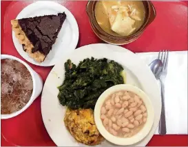  ?? PHOTOS BY JIM WEBSTER/WASHINGTON POST ?? The meat-and-three lunch at Arnold’s Country Kitchen in Nashville, Tenn. From top: chicken and dumplings, collard greens, white beans, cornbread dressing, sweet tea, spicy chocolate pie.