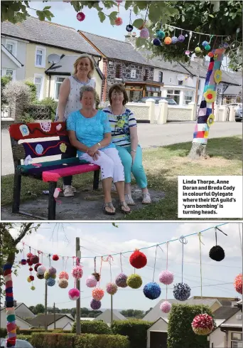  ??  ?? Above: a string of ‘pom poms’. Below: the ICA statue ladies get a colourful makeover. Linda Thorpe, Anne Doran and Breda Cody in colourful Oylegate where their ICA guild’s ‘yarn bombing’ is turning heads.