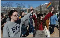  ?? (AP/The Salt Lake Tribune/Francisco Kjolseth) ?? Students protest last week outside the student center at Brigham Young University in Provo, Utah, after an official issued a clarificat­ion on the school’s honor code, which said same-sex romantic behavior is still “not compatible” with the university’s rules. More photos at arkansason­line.com/38byu/.