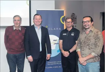  ??  ?? Informatio­n session: CLARA’s Nick Cleary (second from left) with Tocumwal Chamber of Commerce members Clive March, Dennis Sutton and Sergio Redegalli.