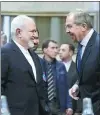  ?? XINHUA ?? Russian and Iranian foreign ministries greet each other after a meeting on Syrian issues.