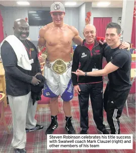  ??  ?? Steven Robinson celebrates his title success with Swalwell coach Mark Clauzel (right) and other members of his team