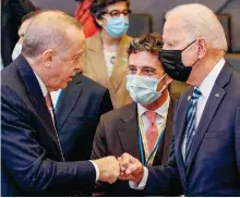  ?? ?? Turkish President Recep Tayyip Erdogan (left) fist-bumps US President Joe Biden (right) during a NATO summit in Brussels, last year. Turkey has not only increased its airspace violations of a fellow NATO member but has taken steps to challenge Greece’s sovereignt­y over inhabited Greek islands.