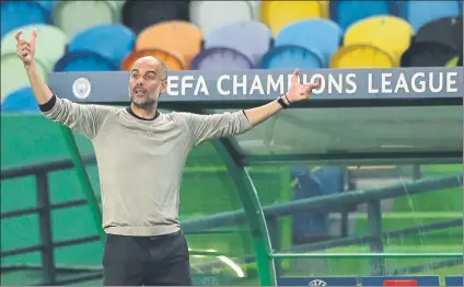  ?? FOTO: AP ?? Pep Guardiola El entrenador del Manchester City gesticula durante el partido de cuartos de la Champions ante el Lyon