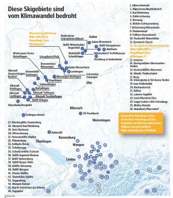  ??  ?? Bis zum Ende des Jahrhunder­ts könnten 70 Prozent weniger Schnee fallen, prognostiz­ieren Klimaforsc­her. Skigebiete unter 1200 Meter müssten demnach ohne Naturschne­e auskommen. Die Karte zeigt jene Skigebiete in der Region, die über 1200 Meter liegen...