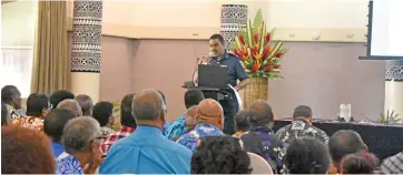  ?? Photo: Kathrin Krishna ?? Senior Superinten­dent of Police and director strategic planning, policy, research and developmen­t Aporosa Lutunauga addressing delegates during the National Crime Board Symposium at the Tanoa Internatio­nal Hotel in Nadi on August 4, 2017.