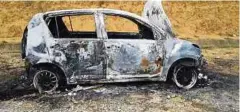  ??  ?? PERODUA Myvi dipercayai milik warga emas yang dibakar menantunya ditemui di tepi Jalan Senggang, Parit, kelmarin.