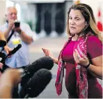  ?? CHAD HIPOLITO / THE CANADIAN PRESS ?? Minister of Foreign Affairs Chrystia Freeland speaks to media Wednesday at the Liberal cabinet retreat in Nanaimo, B.C.