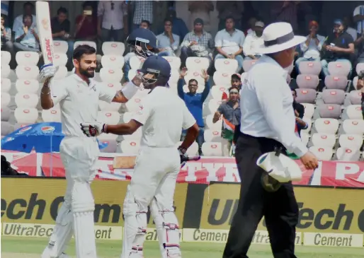  ?? PTI ?? Virat Kohli celebrates his double century against Bangladesh in Hyderabad on Friday. —