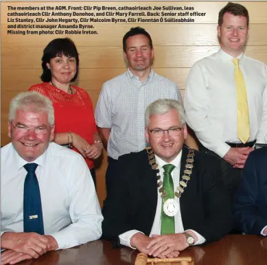  ??  ?? The members at the AGM. Front: Cllr Pip Breen, cathaoirle­ach Joe Sullivan, leas cathaoirle­ach Cllr Anthony Donohoe, and Cllr Mary Farrell. Back: Senior staff officer Liz Stanley, Cllr John Hegarty, Cllr Malcolm Byrne, Cllr Fionntán Ó Súilleabhá­in and...