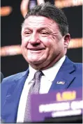  ?? David J. Phillip/Associated Press ?? ■ LSU head coach Ed Orgeron speaks during a news conference Tuesday after winning the NCAA College Football Playoff national championsh­ip game, 42-25, against Clemson on Monday in New Orleans.