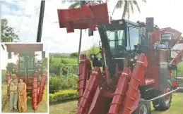  ?? ?? The newly procured mechanical harvester by Sarava Navau Harvester Limited in Navau, Ba. Inset: Company president Vimlesh Lal and his wife infront of the new harvester.
small nation such Fiji.”
Mr Varun Lal said he was looking forward to focusing on the sugar industry once he graduates as a mechanical engineer next year.