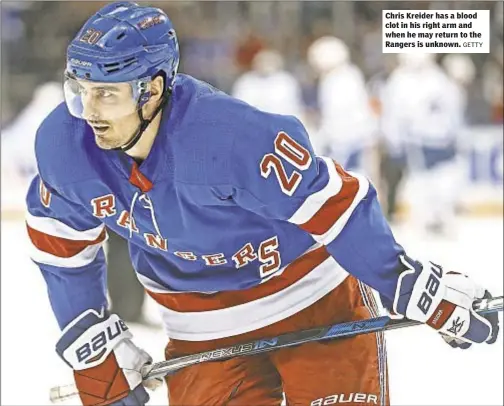  ??  ?? Chris Kreider has a blood clot in his right arm and when he may return to the Rangers is unknown.