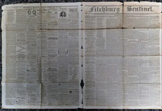  ?? SHANE RHODES PHOTOS / SENTINEL & ENTERPRISE ?? This is the front page of an edition of the Fitchburg Sentinel that was published on Feb. 3, 1854.