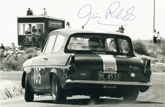  ??  ?? Above: A great autographe­d Bill Pottinger shot of Jim Richards in that Anglia at Teretonga, February 1968
