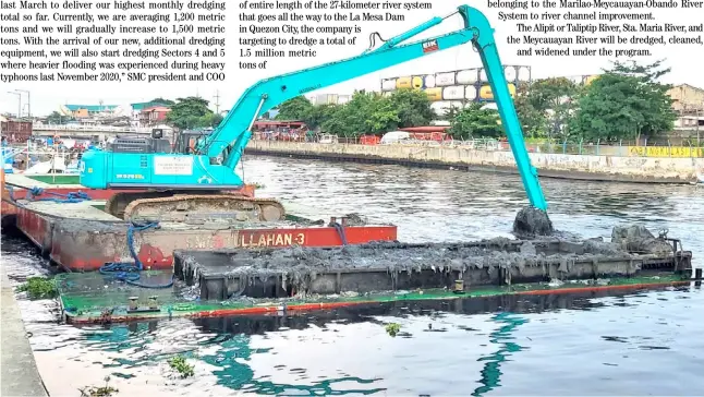  ?? PHOTOGRAPH COURTESY OF SMC ?? HEAVY equipment working on widening a portion of the Tullahan River continues from the Tinajeros Bridge to Potrero in Malabon and Valenzuela cities.