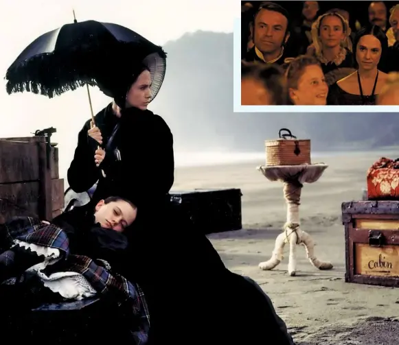  ??  ?? Clockwise from main: Ada (Holly Hunter), her piano and daughter Flora (Anna Paquin) arrive on the shores of their new home in New Zealand; Ada watches her daughter in a play alongside new husband Alisdair Stewart (Sam Neill); Director Jane Campion on location with Anna Paquin; Maori sympathise­r George Baines (Harvey Keitel).