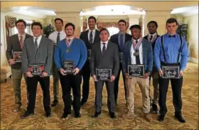  ?? SAM STEWART - DIGITAL FIRST MEDIA ?? Ten PAC football players were recognized for their success on the field this season. Pictured top from left to right: Perkiomen Valley’s Justin Jaworski (Liberty Division 2-Way Player of the Year), Perkiomen Valley’s Stephen Sturm (Liberty Division...