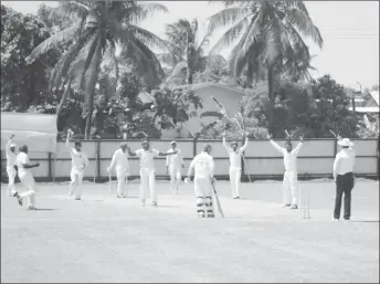  ??  ?? Lower Corentyne skipper Veersammy Permaul wins an lbw appeal during his five-wicket haul.