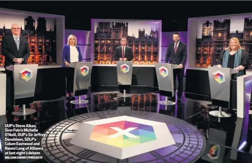  ?? WILLIAM CHERRY/PRESSEYE ?? UUP’s Steve Aiken, Sinn Fein’s Michelle O’Neill, DUP’s Sir Jeffrey Donaldson, SDLP’s Colum Eastwood and Naomi Long of Alliance at last night’s debate