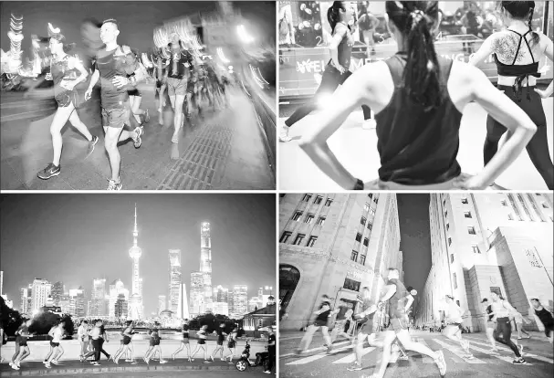  ??  ?? (Clockwise from top left) Running at night on the street in Shanghai. A growing number of young, educated, urban Chinese are shrugging off the myriad hazards to keep fit through serious running and the number of marathons and running events in the...