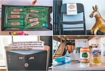  ?? Photos by Nick Otto / Special to The Chronicle ?? Changes for Fast employees returning to the office in San Francisco during the coronaviru­s pandemic include, clockwise from top left: individual mouthwash packets, a spot for dropping off food deliveries, cleaning supplies, and a plea for workers to use disposable cups and plates.